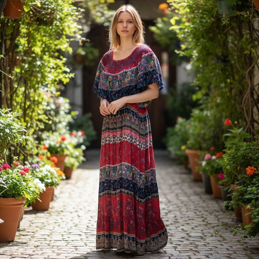 Altar'd State Boho Floral Smocked Maxi Dress Red Navy Medium